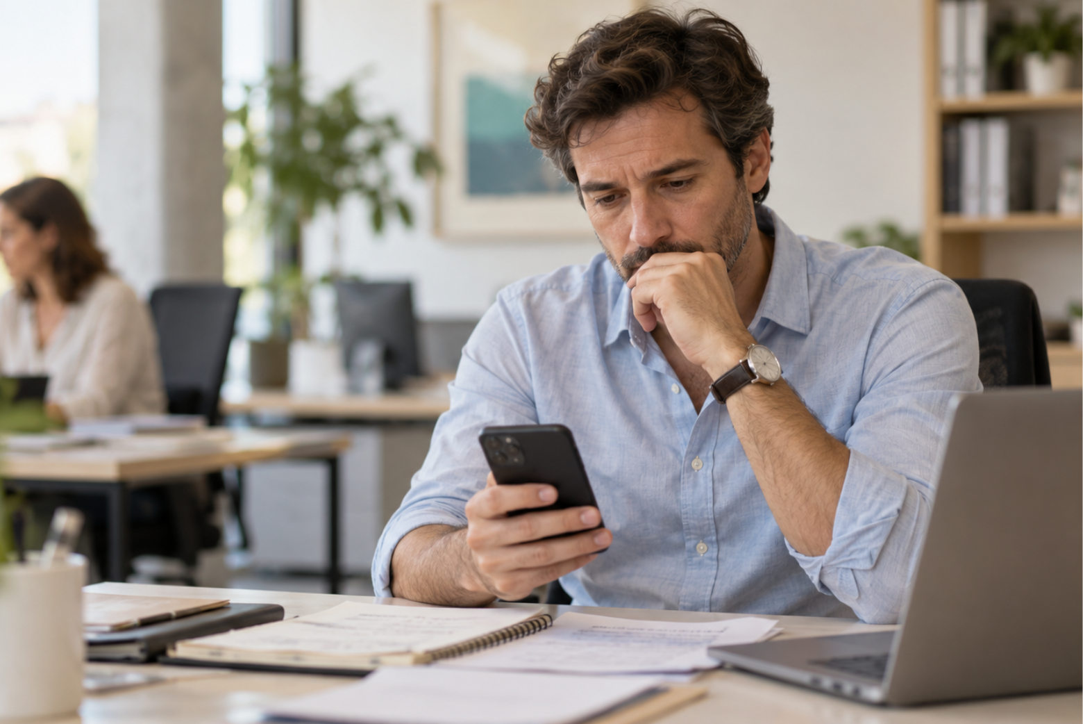 Persona adulta consultando el móvil durante una conversación de pareja.